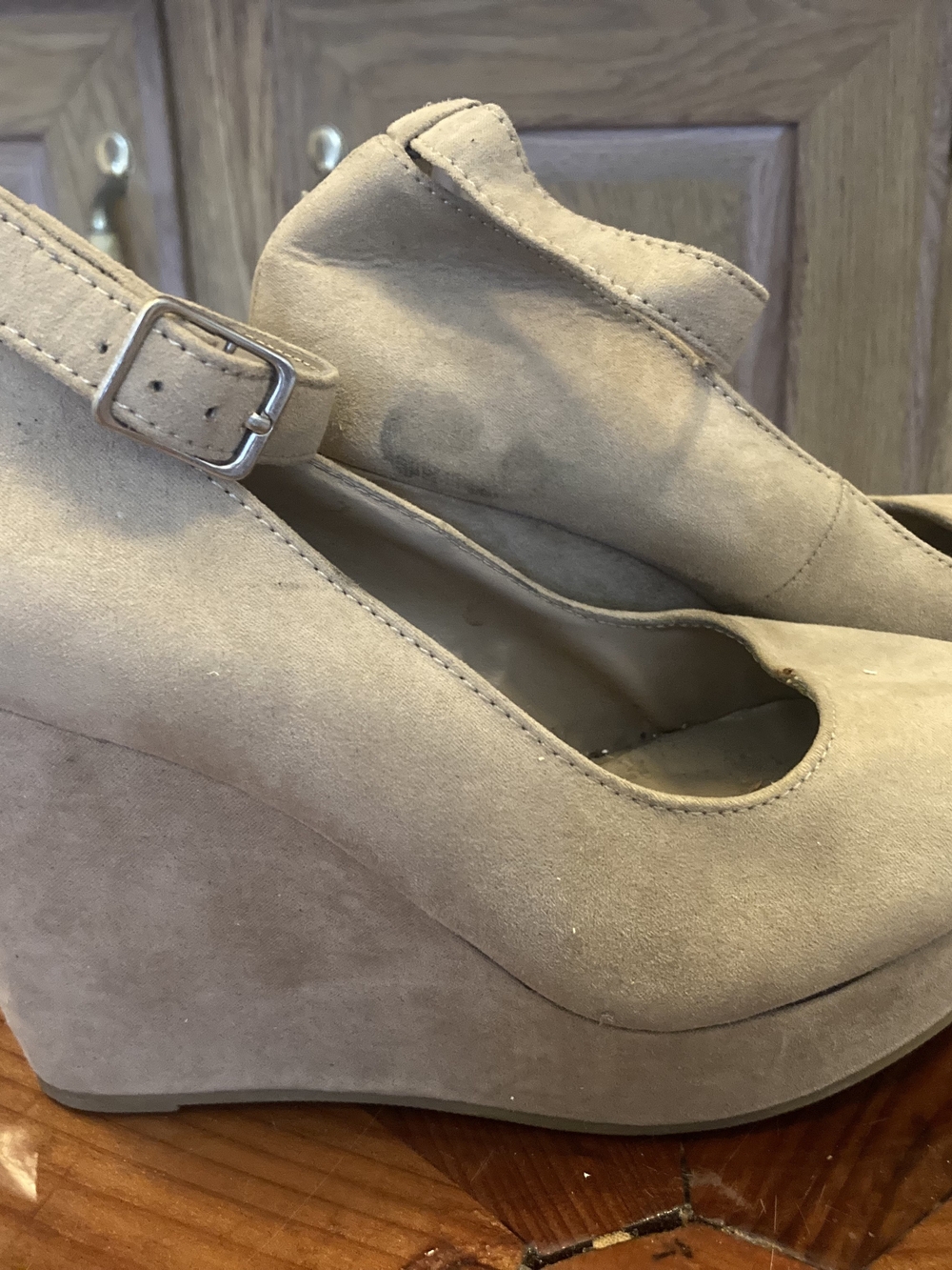 Suede Wedge Mary Jane Pumps in Taupe - Women Shoes